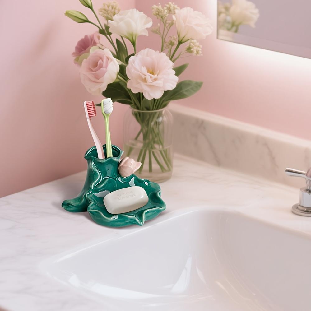 1pc Lotus Leaf Design Multifunctional Toothbrush Holder, Luxury Ceramic Bathroom Vanity Organizer for Toothbrushes, Toothpaste, Makeup Brushes