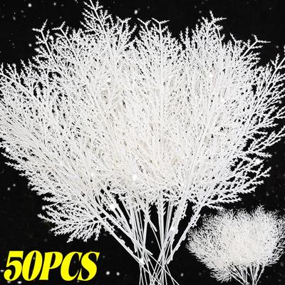 Christmas Artificial Pine Needles Branches White Fake Pine Needles Branches Plants Party Wreath DIY New Year Gifts Table Decor