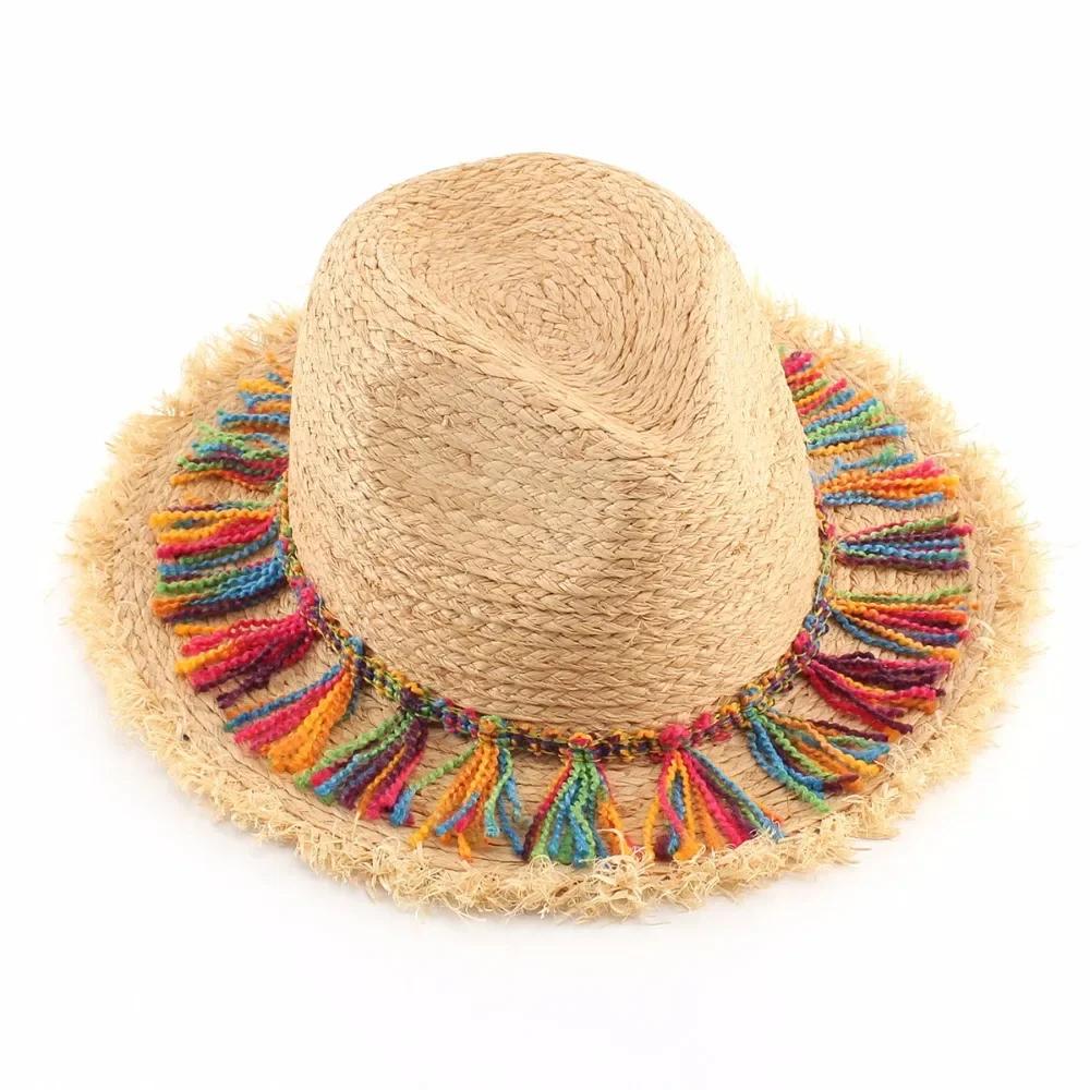 Girl's Fashion Gifts MultiColored Tassel Grass Hat for Sun Shading Sun Protection Breathable Weaving Wide Brim Grass Hat Gifts LS