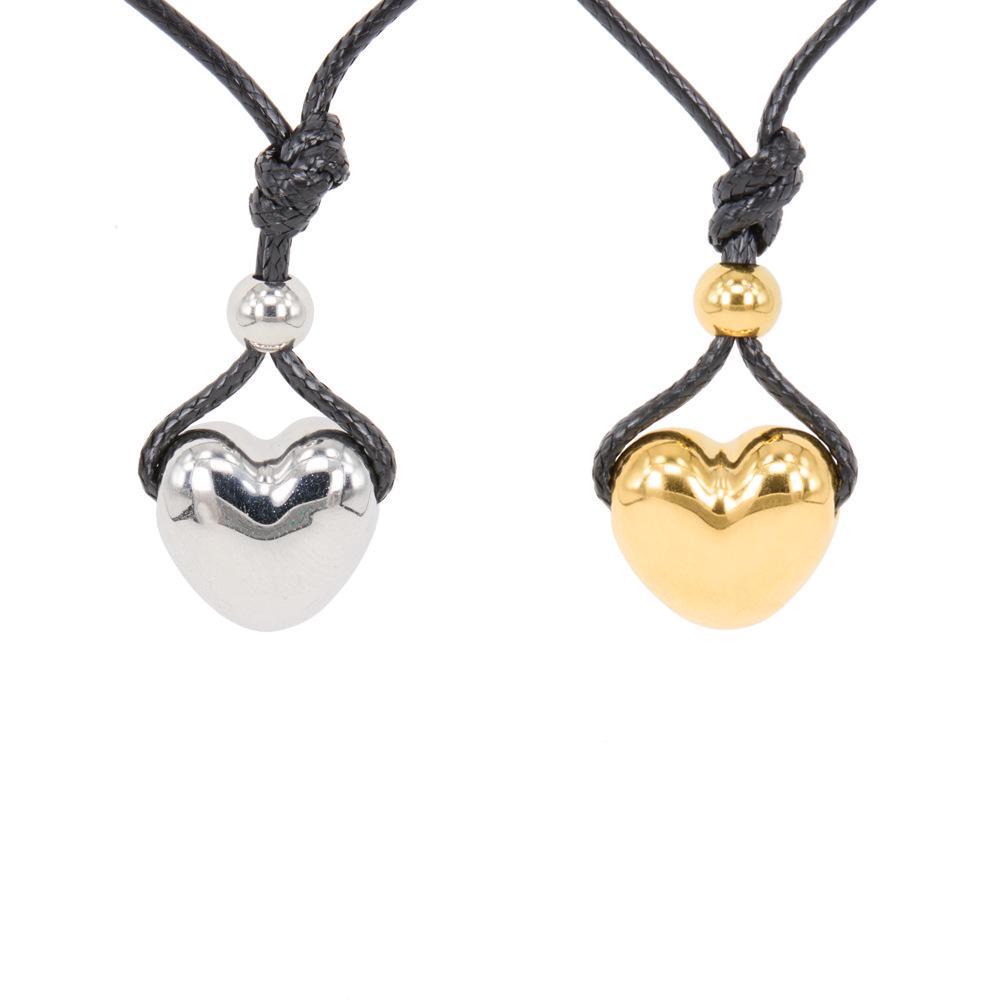 Glossy Heart Necklace with Black Wax Cord, Adjustable 18K Gold-Plated Titanium Steel for Women