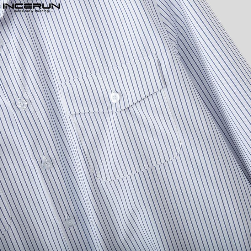 INCERUN Oversized Men Lapel Neck Long Sleeve Striped Print Belt Casual Shirts Tops