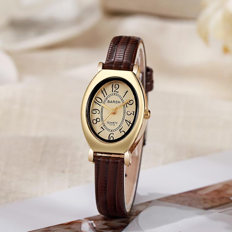 Klassiska Mode Oval Siffertavla Kvarts Klockor Vintage Design Brun Läderrem Armbandsur Klocka Dam Klocka Dropshipping