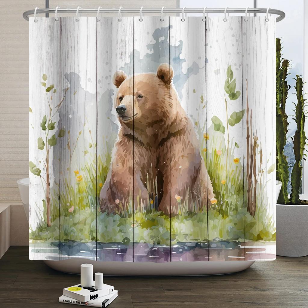 Cute Bear In Hammock Print Water-Resistant Shower Curtain With Whimsical Garden Design For Fun And Relaxing Bathroom Decor