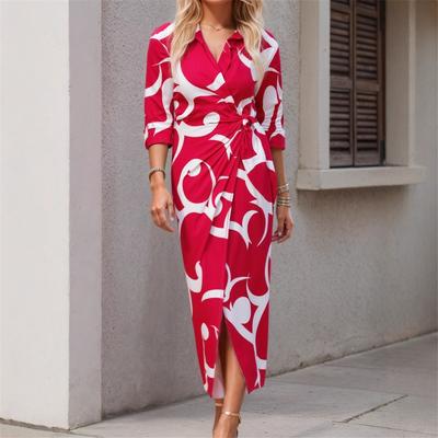 Women's Long-sleeved V-neck Printed Dress With Lapel And Tie Waist Shirt-style Long Skirt