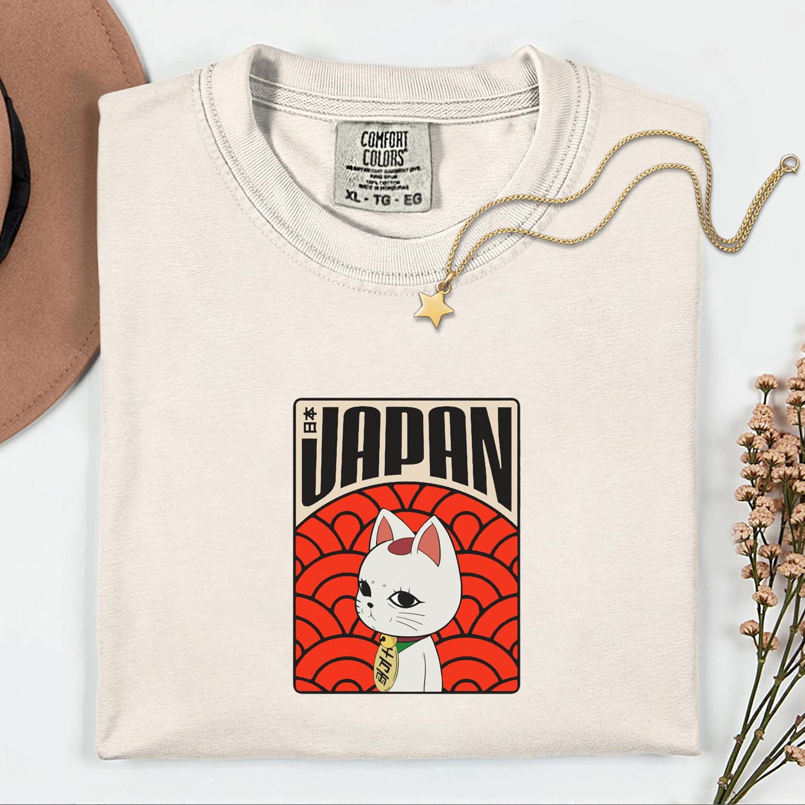 Maneki Neko Cat T Shirt, Japanese Wave Graphic Tee, Minimalist Japan Art L