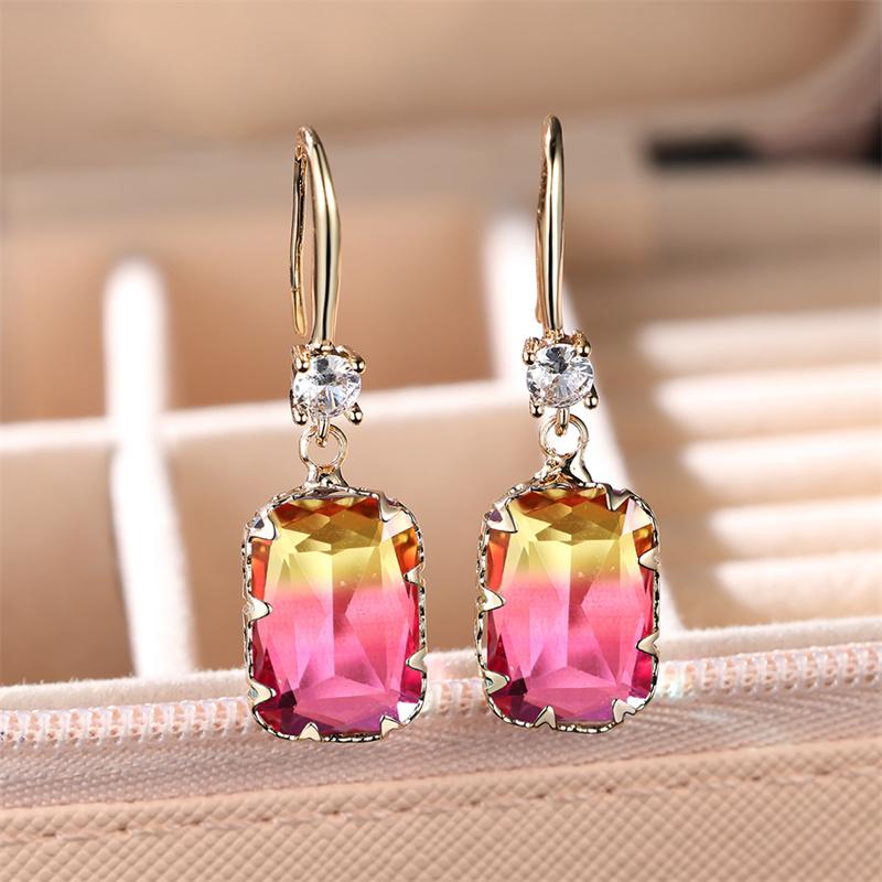 Cute Female Red Green Rainbow Drop Earrings Luxury White Crystal Earrings Yellow Gold Color Wedding Earrings For Women