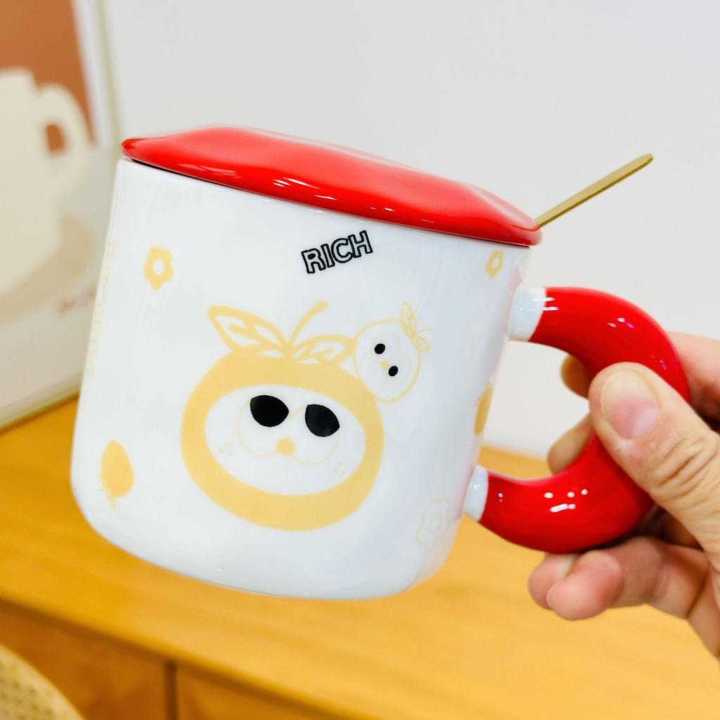 Opening Small Gift with Lid Cartoon Cat Cute Water Cup Household Set Ceramic Cup High Value Small Orange Cup