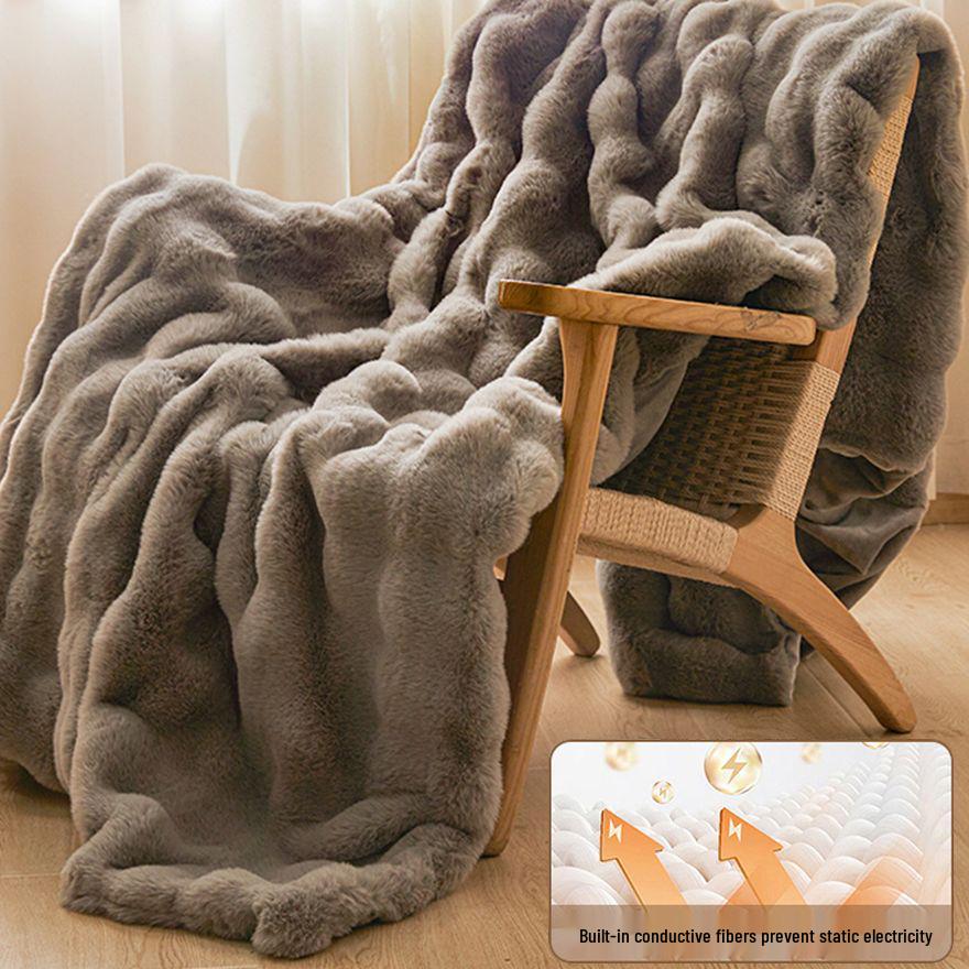 Pătură Groasă de Pluș de Iarnă din Blană de Iepure - Lână Moale Coral pentru Canapă, Pat sau Pui de Somn la Birou