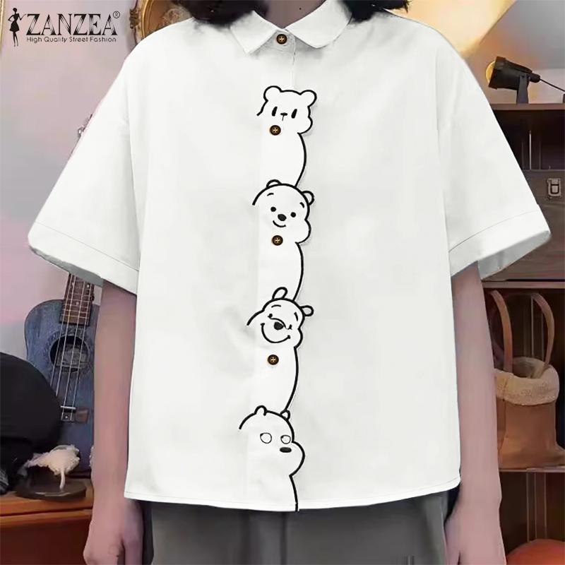 ZANZEA Women Turn Down Collar Loose Short Sleeve Print Blouse