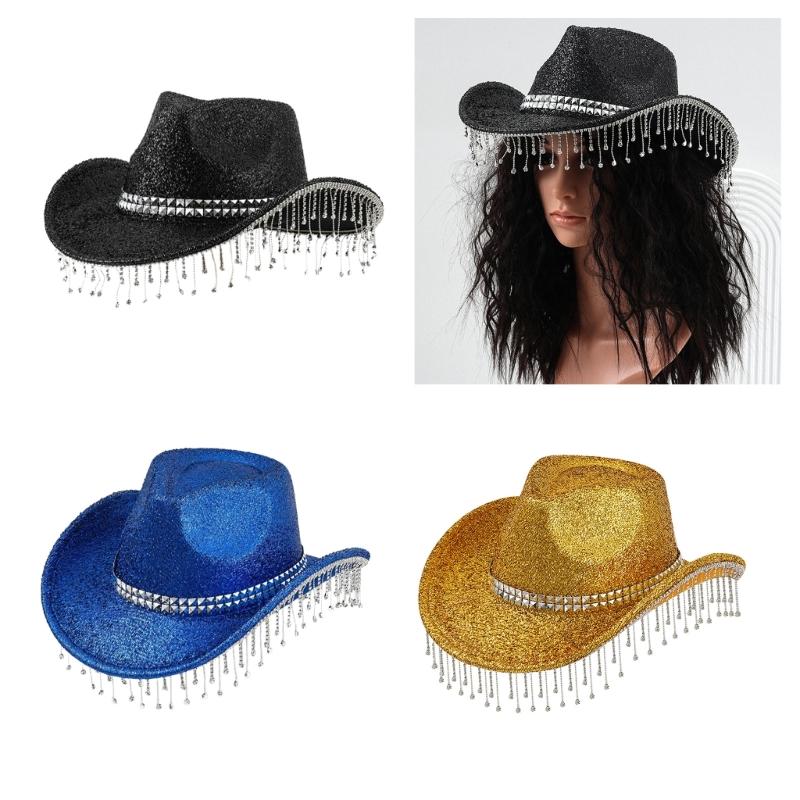 Třpytivý klobouk s třásněmi z kamínků pro ženy muže klobouk fedora na hudební festival s velkým třpytivým práškem na večírky