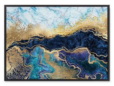 Poster Abstract Gold Blue Horizontal In Black Frame 