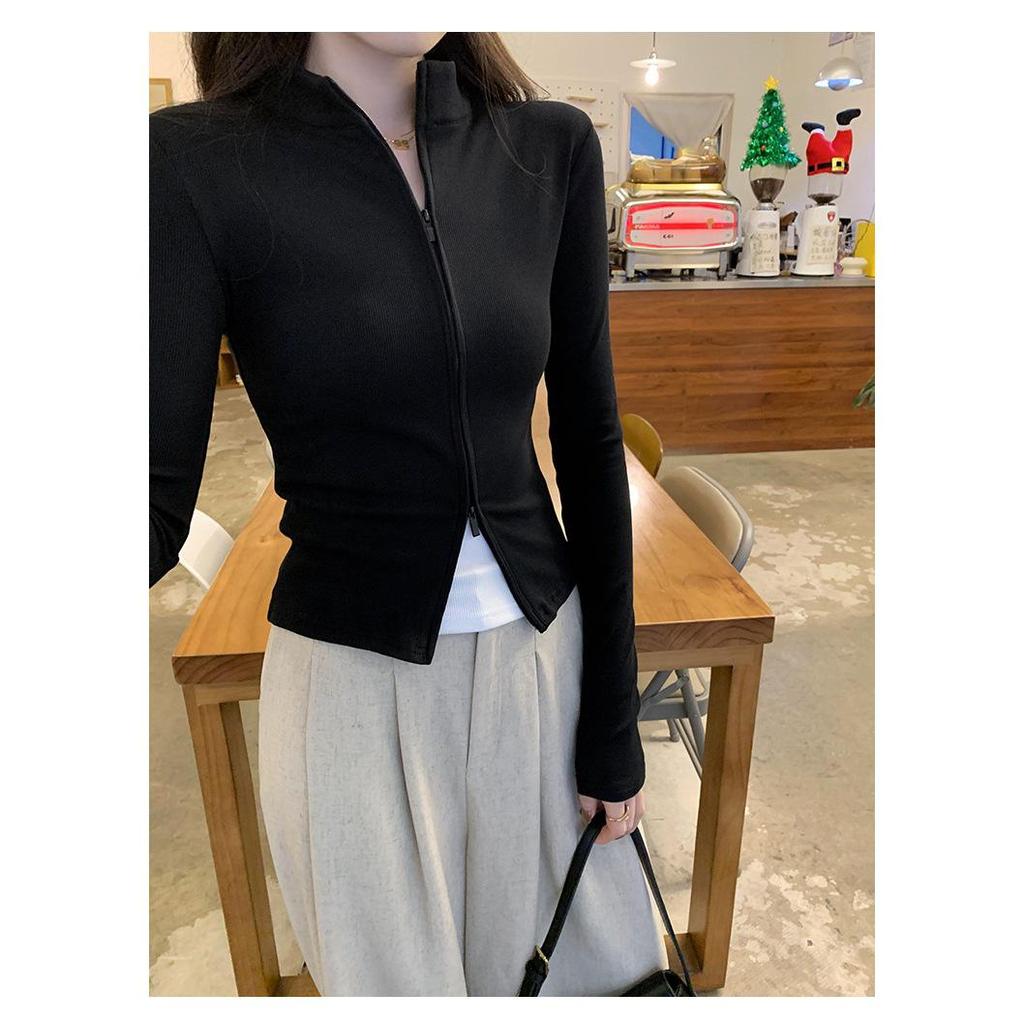 Korean Style Stand Collar Embroidered Double Zipper Slim Fit Hoodie - Women's Early Autumn Trend