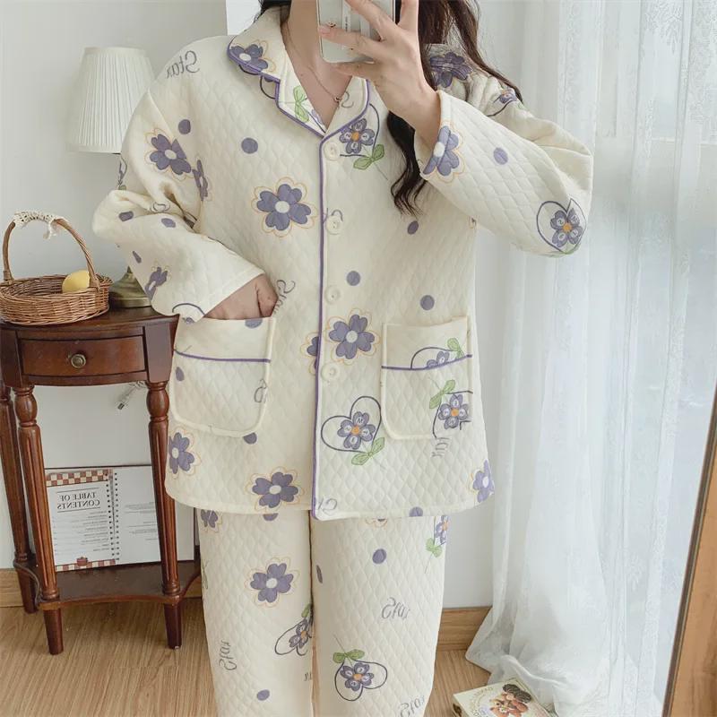 Damen Cartoon Baumwollpyjama Set - Warm und stilvoll für Herbst/Winter