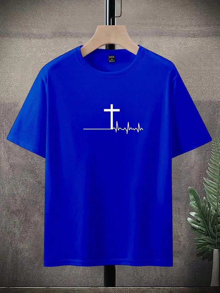Summer Men's Loose T-shirt 100% Cotton Comfortable Fashion Cross Print Slim Casual Sports Round Neck Short-sleeved T-shirt Top