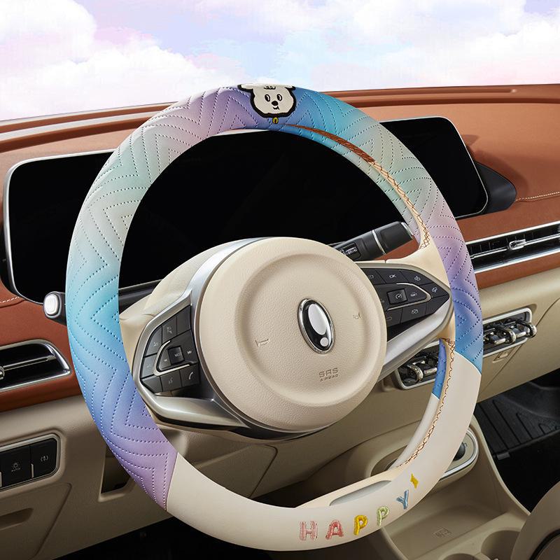 2024 Lenkradbezug aus Nappaleder mit Farbverlauf und Welpenmotiv in farbenfrohem Design