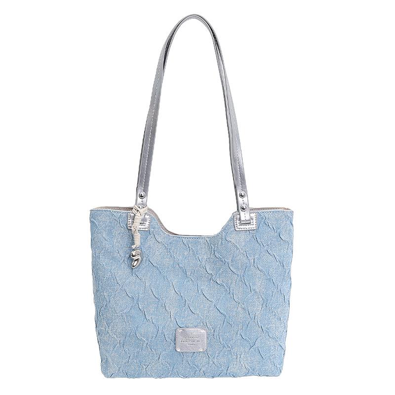 Tote bag women's new work commuter bag fashionable denim blue pleated portable shoulder bag