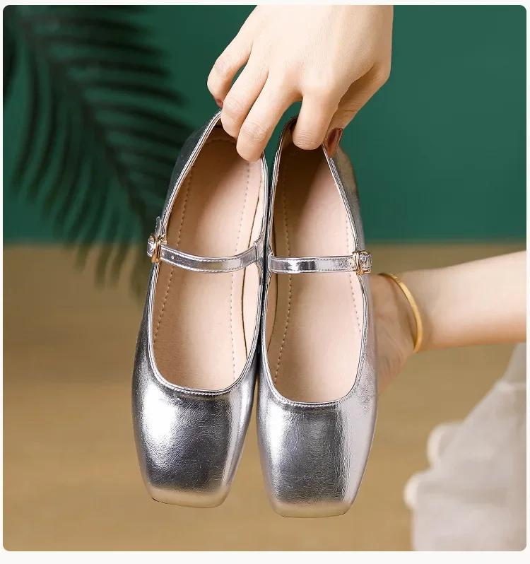 Fashion 2025 Elegant Woman Square Toe Lolita Lady Barefoot Boat Gold Flats Elegant Soft Sole Ballerina Party Mary Jane Shoes