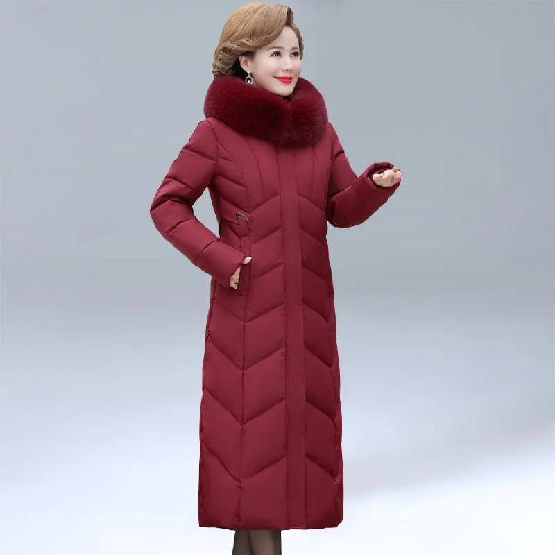 Women Winter Hooded Fur Collar Warm Jacket Clothing Middle-Aged Mother Mid-Long Thicken Warm Female Parkas