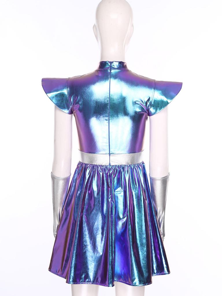 S-3XL Dames Buitenaards Cosplay Kostuum Metaalachtig Glanzende Jurk, Uitgesneden Hals & Gestructureerde Schouderstukken met Handschoenen voor Ruimte Themafeest