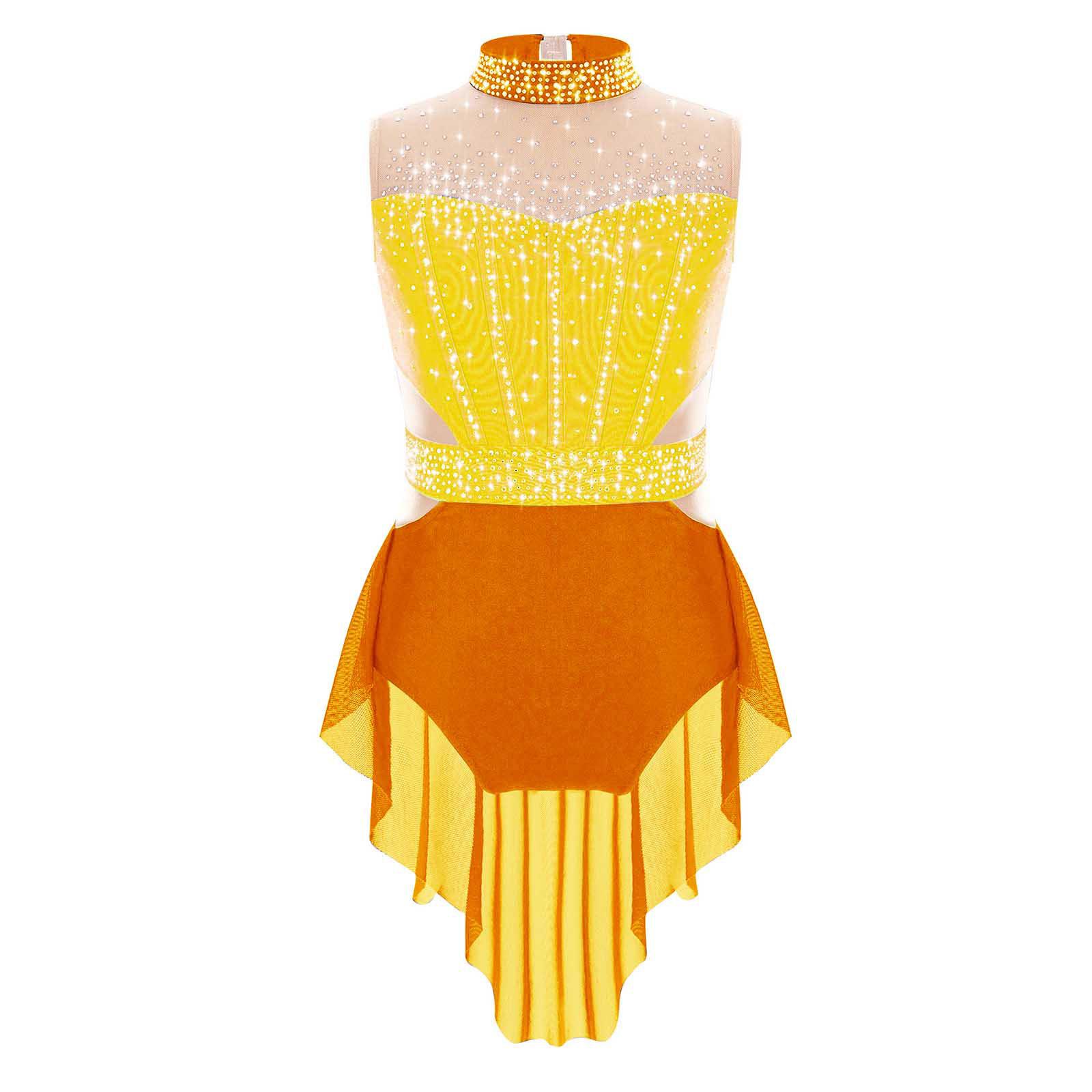 

Дівчачий тренувальний купальник з імітацією горловини, без рукавів, з блискучими стразами, кольоровим блоком, сітчастою спідницею, боді 5-6 Years помаранчевий