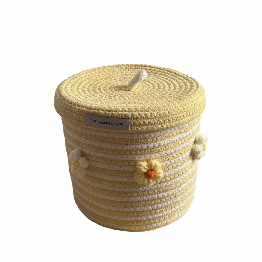 Red White Storage Basket Cotton Tead Woven Handmade Woven Basket Cartoon Design Versatile Function Organizer Basket