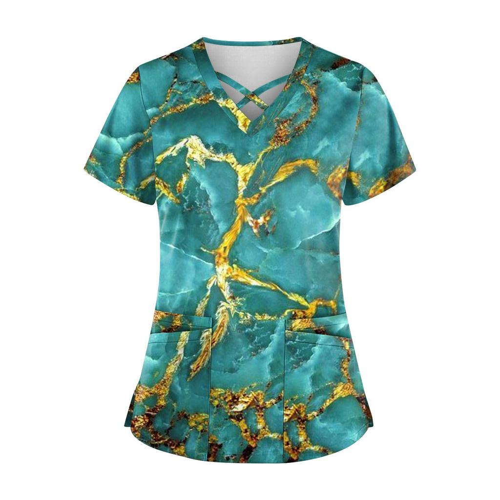 Plus size bonito impresso esfrega uniforme de trabalho topos para mulheres cruz com decote em v manga curta diversão camisetas workwear t com bolsos