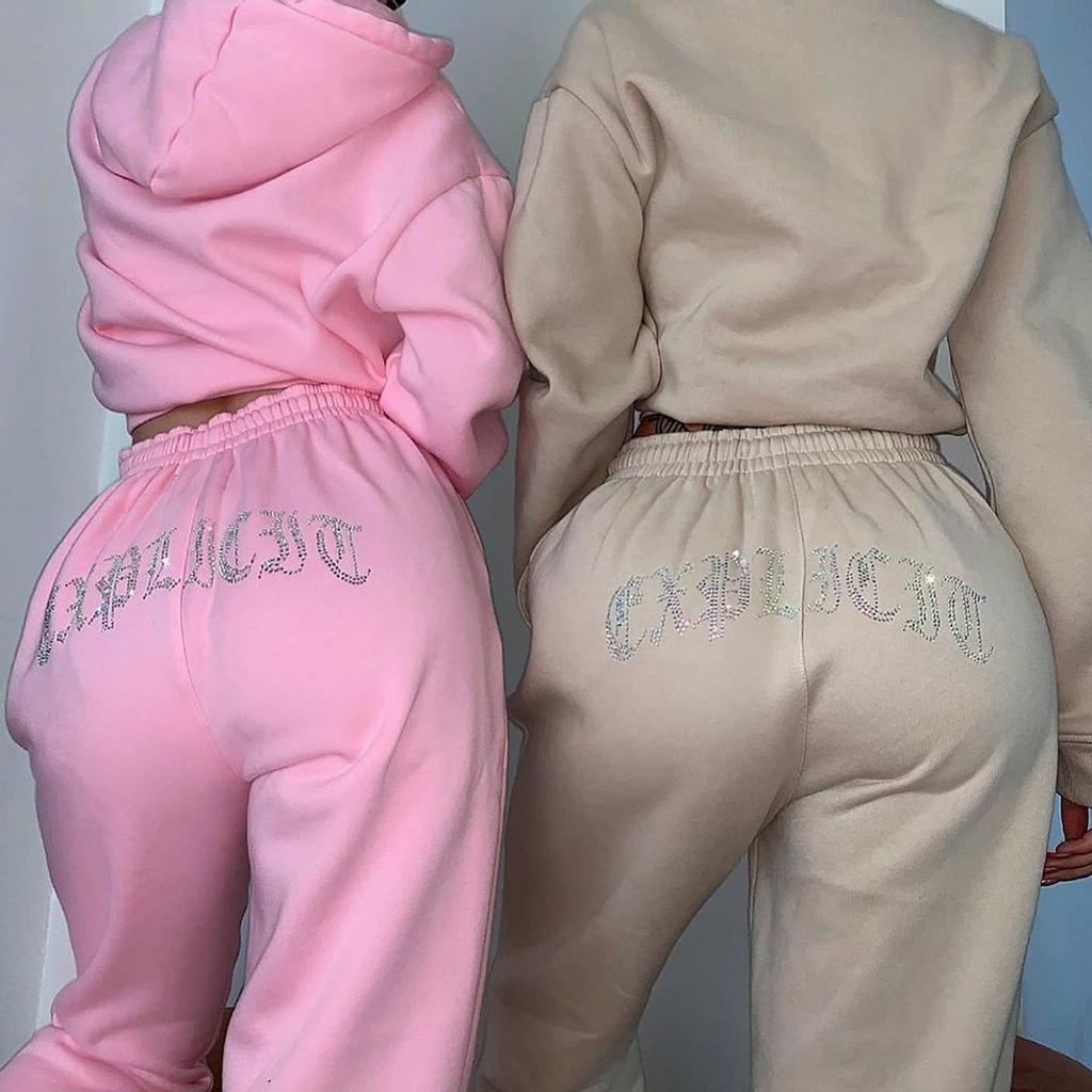 Women's Casual Fleece Long Sleeve Plus Size Printed Hoodie Trousers Sports Suit