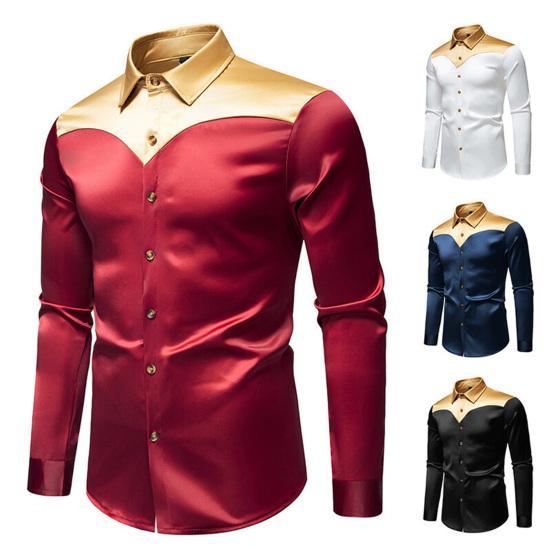 Men Shirt Lapel Long Sleeve Satiny Individual Color-Blocking Design Shirt Tops Buttons Placket Shirt Daily Vacation Street Work Clothes