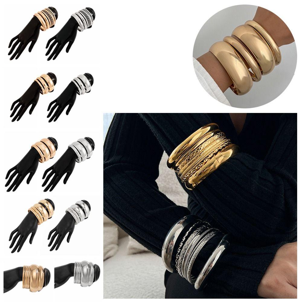 3/4/6/8Pcs Chunky Punk Metal Bracelets Multilayer Smooth Bracelet Set  Friends Birthday Gift