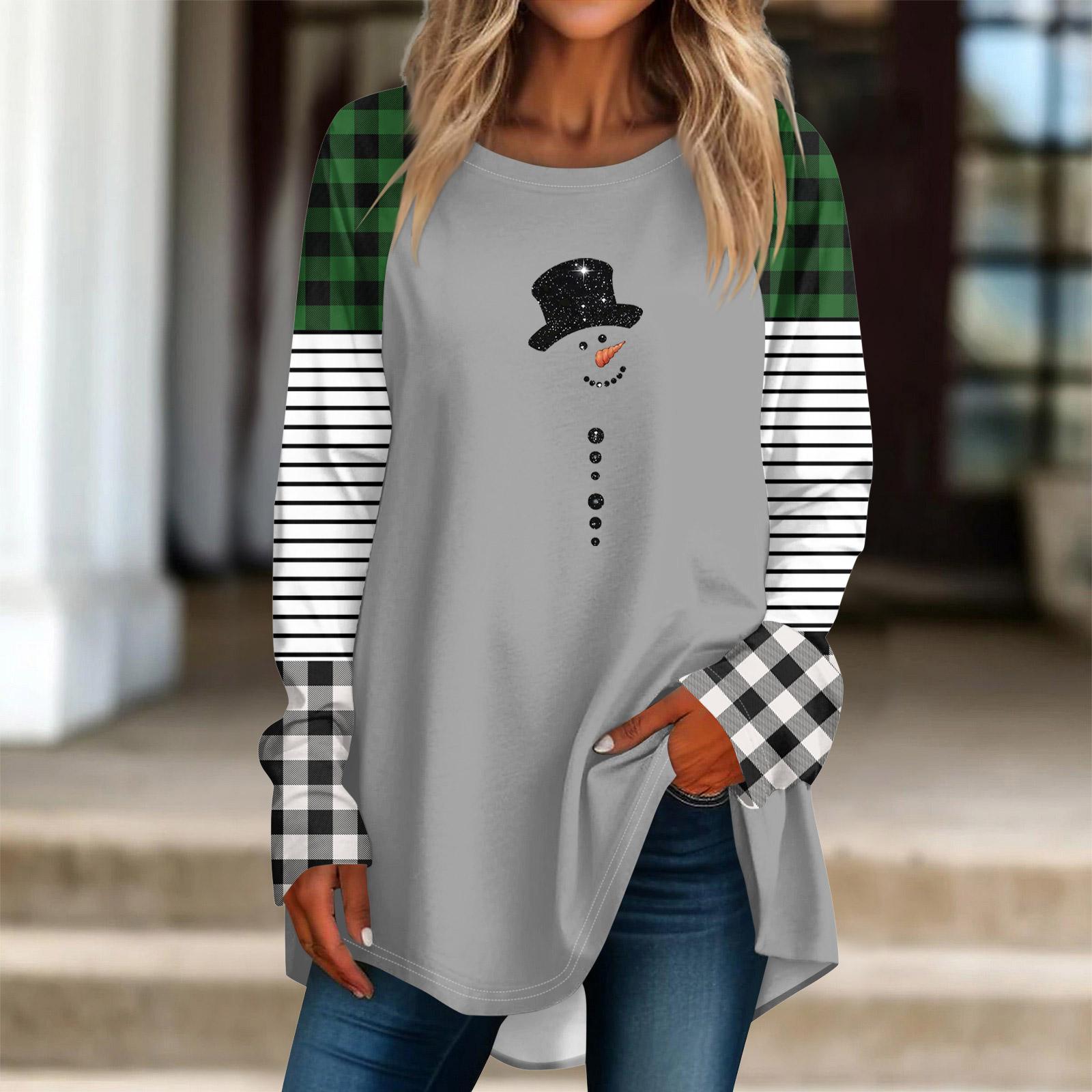 

Fashionable Women s Loose Round Neck Christmas Small Print Long-sleeved T-shirt Top Pullover S