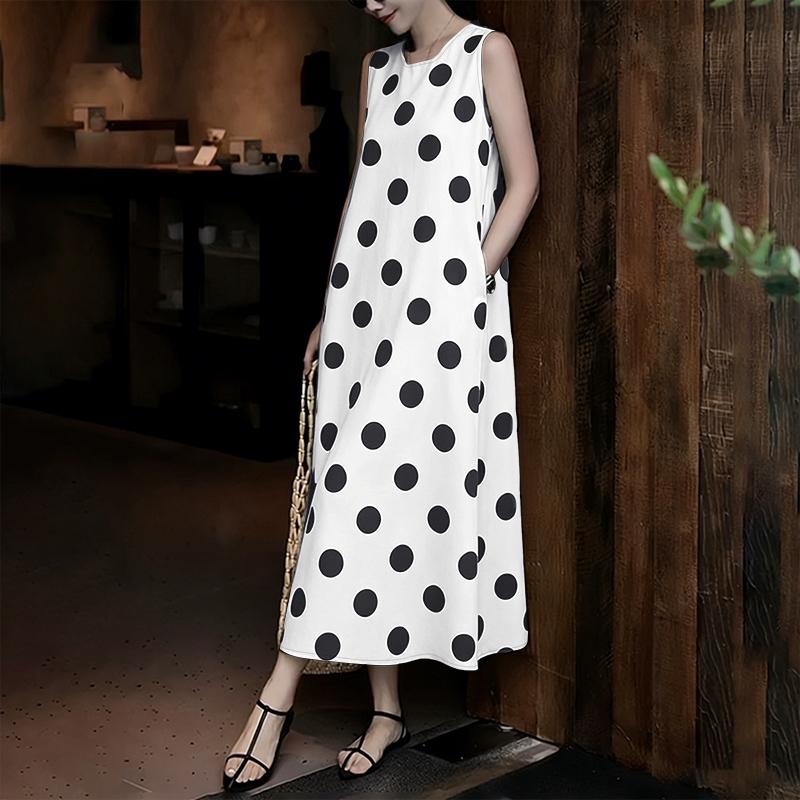 ZANZEA Women Casual Round Neck Polka Dot Print Loose Sleeveless Dress