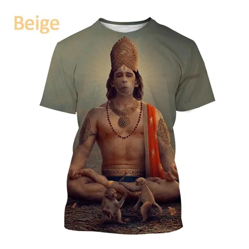 Indian Monkey God Hanuman 3D Printed T-Shirts Hindu Myth Figure Pattern Top Summer Round Neck Fashionable Casual Short Sleeved Men's T-shirts