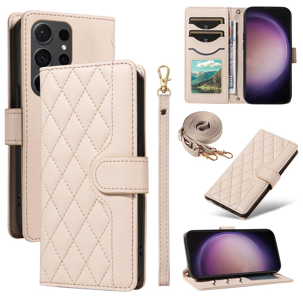 Für Samsung Galaxy S24 Ultra Brieftasche Hülle Rhombus Leder Handyhülle mit Schultergurt und Handschlaufe