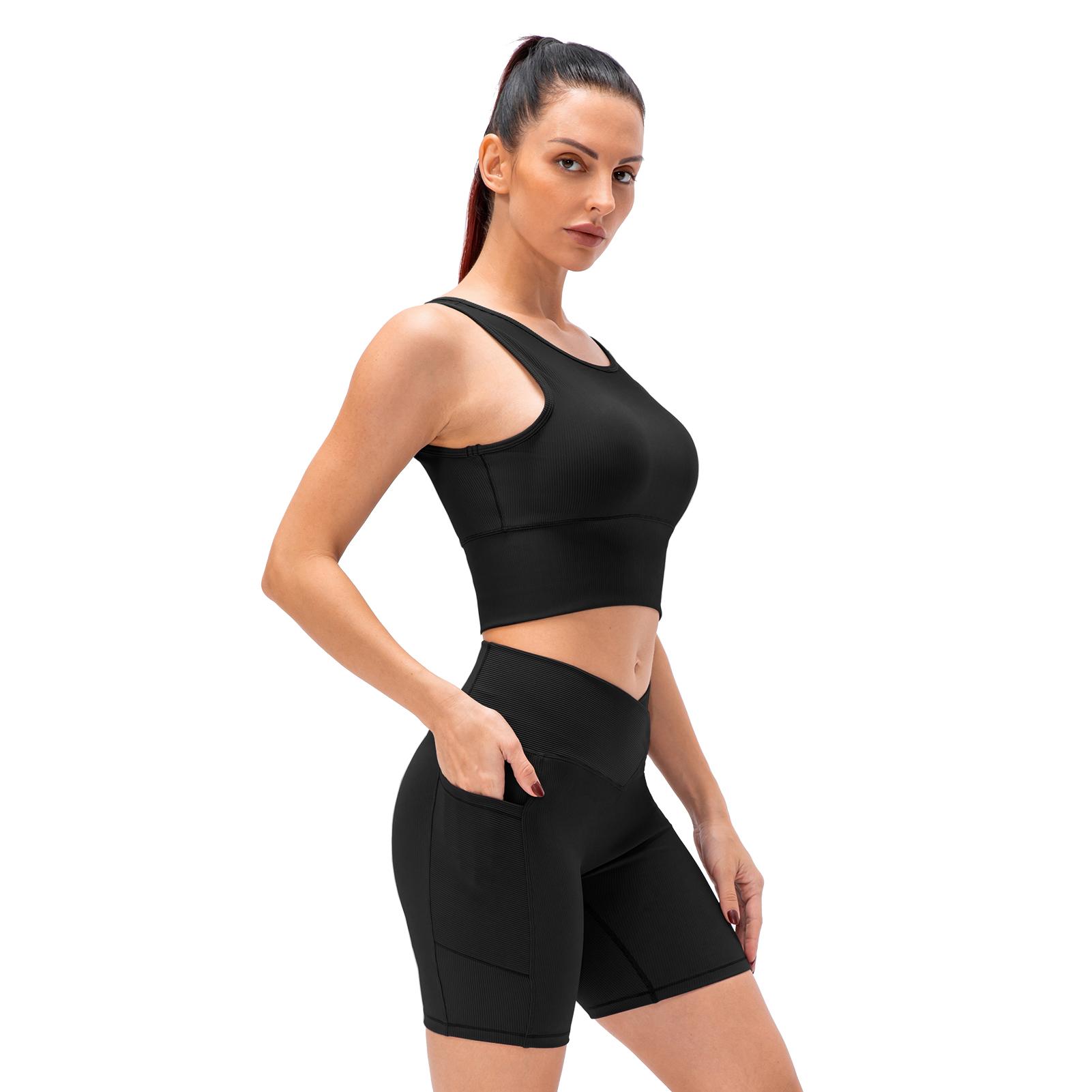 

Women 2 Piece Workout Sets Ribbed Crop Tank and High Waist Shorts Yoga Exercise Outfits чёрный