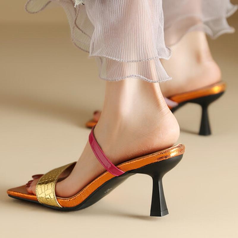 FOREADA Women Pu Leather Sandals Spike High Heels Slippers Open Toe Mixed Colors Party Summer Slides Shoes Green Golden 33-46