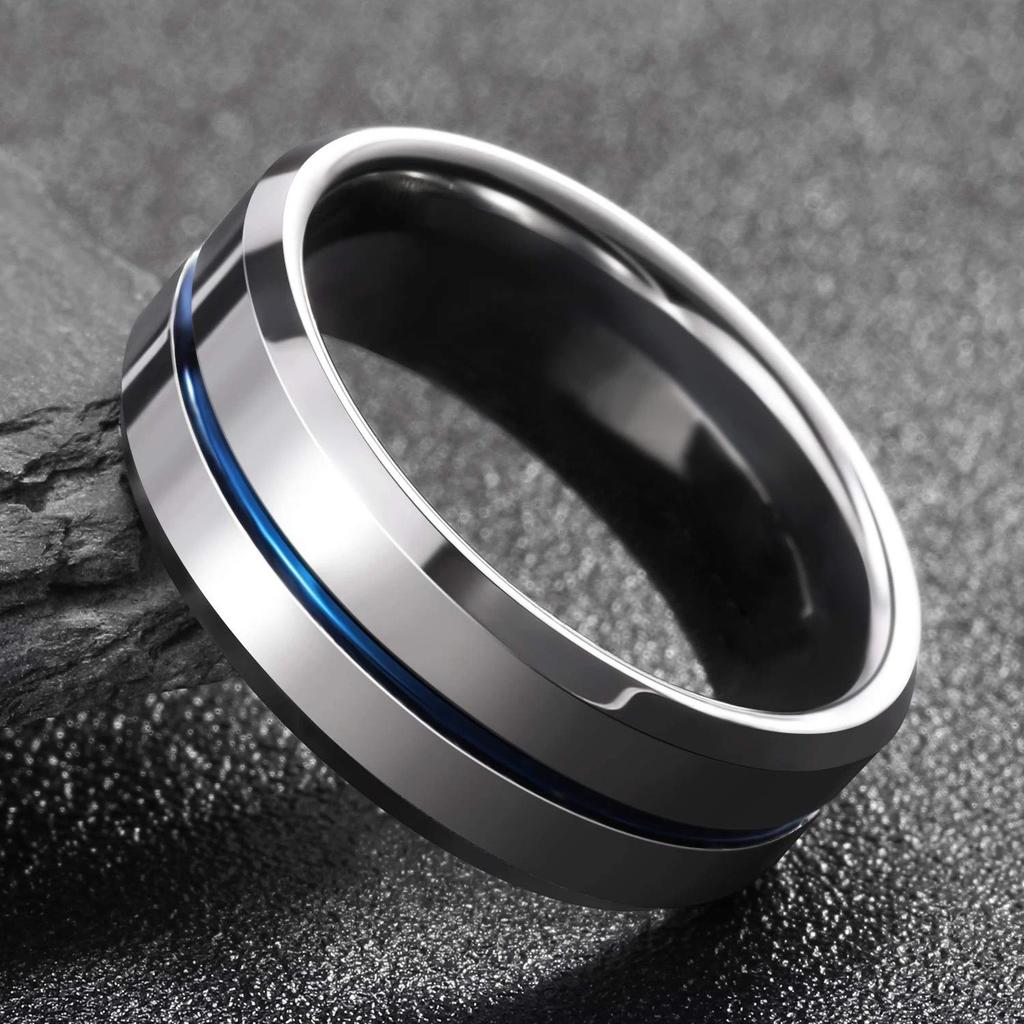 Fashion 8mm Blue Groove Stainless Steel Rings For Men Silver Color Brushed Men Rings Wedding Band Wholesale