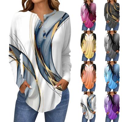 Damenmode Lose Knopfkragen Druck Langarm T-Shirt Tops Pullover