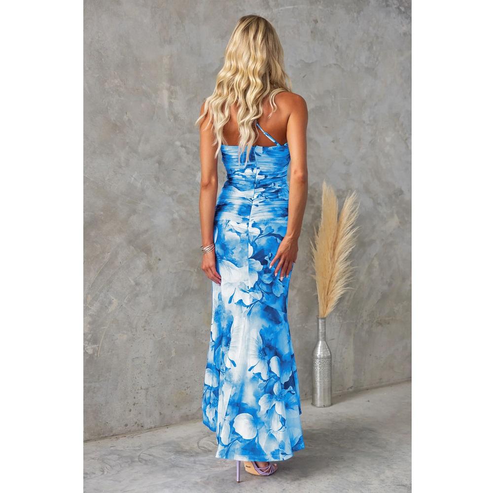 Women Summer Slash Neck Long Dresses Ladies Fashion Floral Printing Ruffle Hem Pleated Bodycon Party Maxi Dress