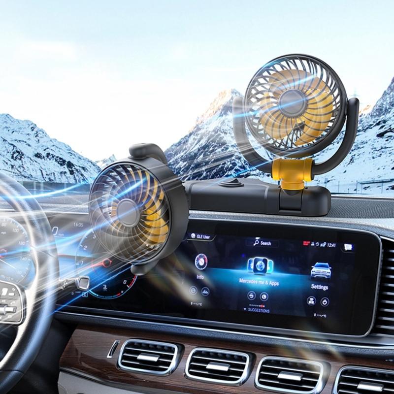 Ventilátor do auta USB/12V/24V ventilátor do auta s 2 rychlostmi, 360° otočný dvouhlavý ventilátor, elektrický ventilátor do auta se silným větrem