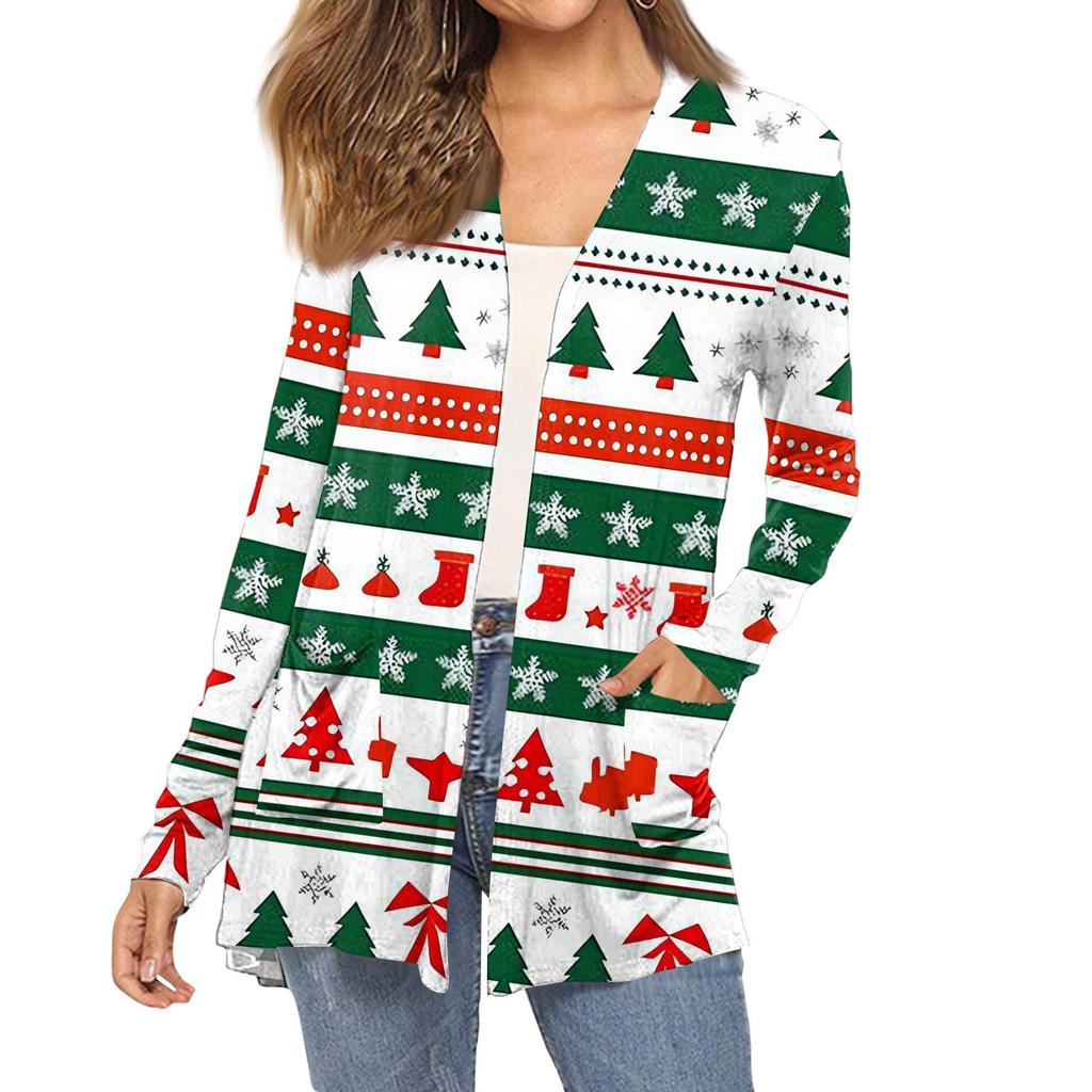 Women's Fashion Christmas Print Long-Sleeved Pocketed Slim-Fit Cardigan Coat