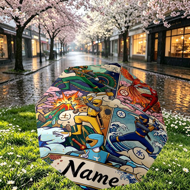 Custom Name Personalized Power Rangers Print Umbrella, Auto Open Close, 8‑Rib Sturdy Frame, Commute Camping Hiking Use, Birthday Gift