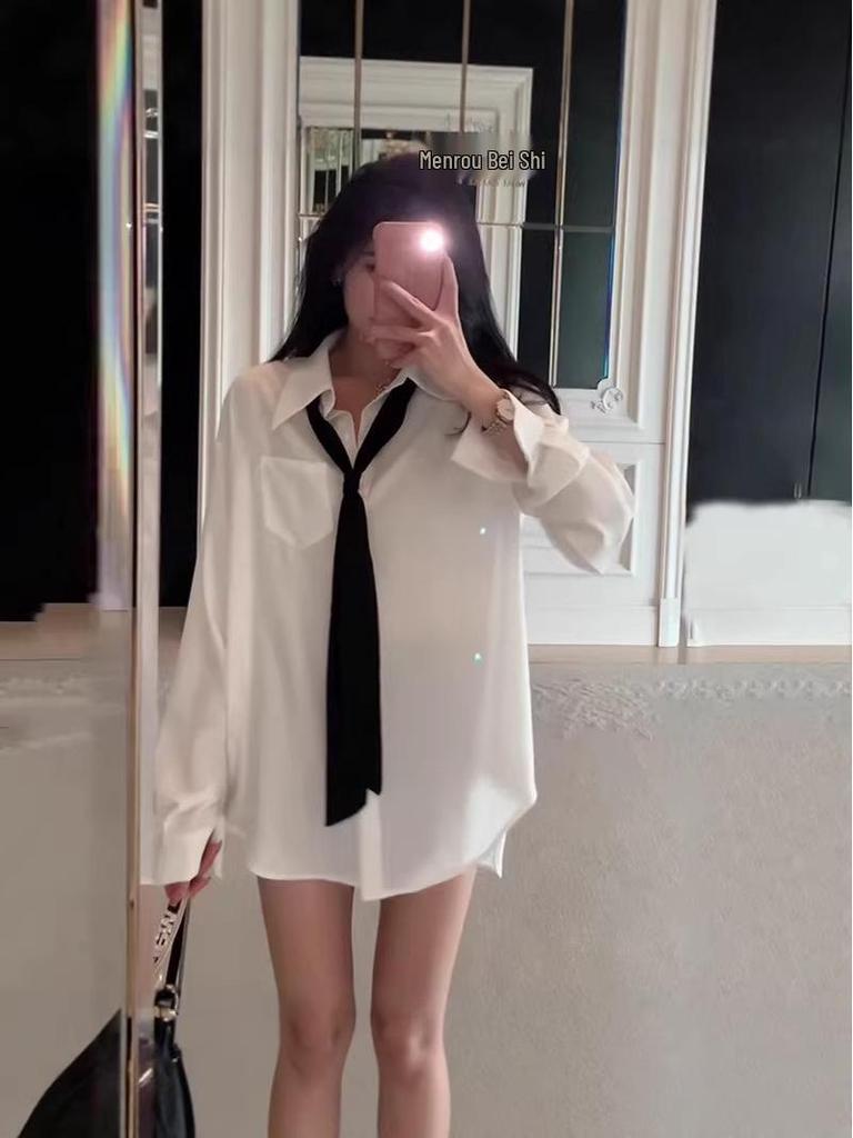 Women's White Tie Shirt - College Style, Non-Iron, Loose Fit, Medium-Length, Versatile Spring/Autumn Top