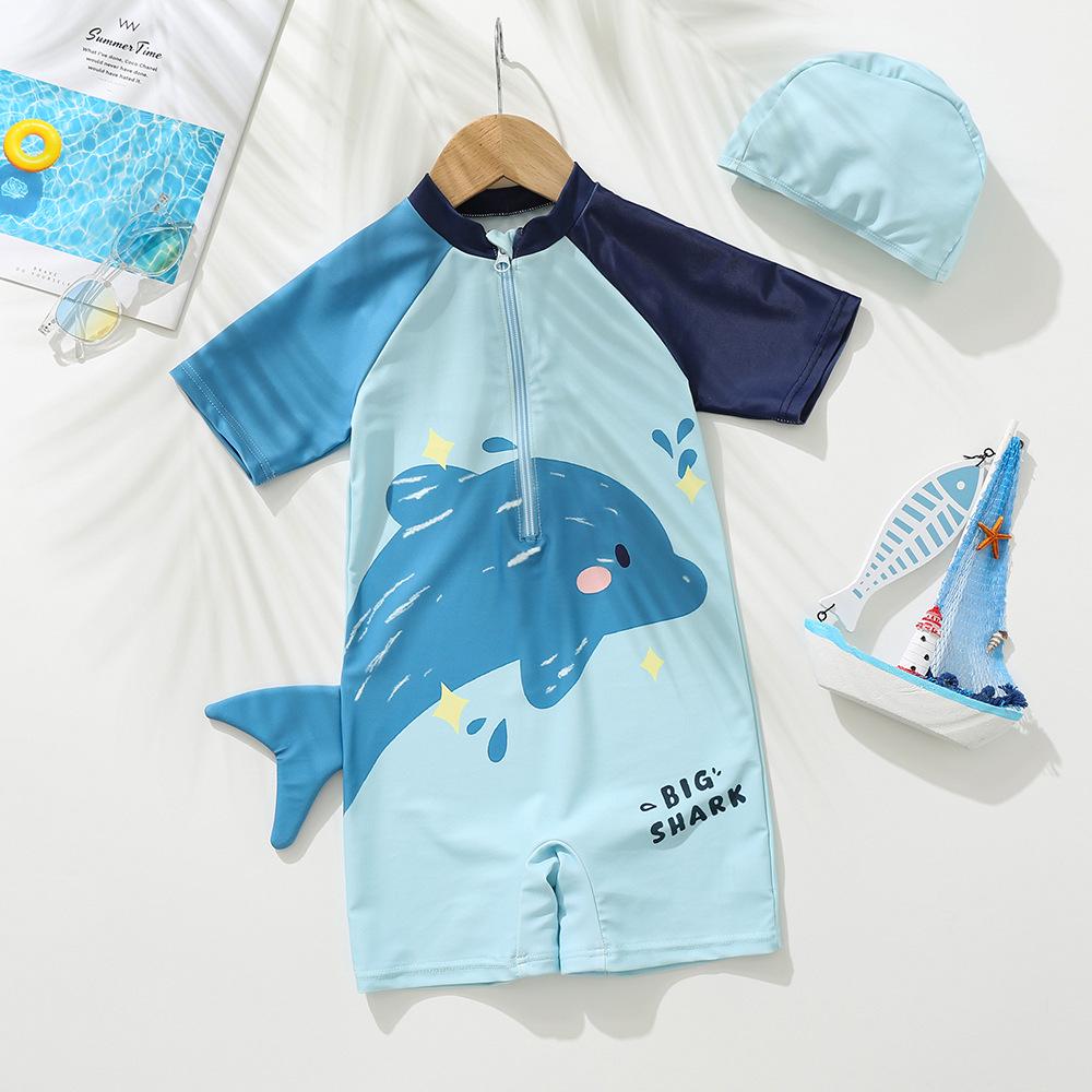 2026 Boys' One-Piece Swimsuit: Quick-Dry Boxer with Cartoon Design for 9-12M to 1-7Y, Sun Protective Swimwear