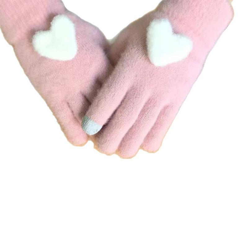 Warm Gloves Women's Five-finger Full-finger Gloves Peach Heart Meng Knitted Velvet Middle School Student Cold-proof Gloves Love Hands