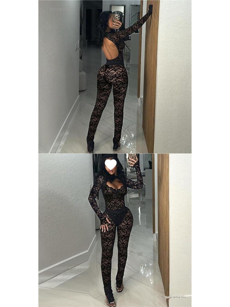 European & American Style 2026 Autumn Street Hot Girl Lace See-through Tight-fitting Pants Set