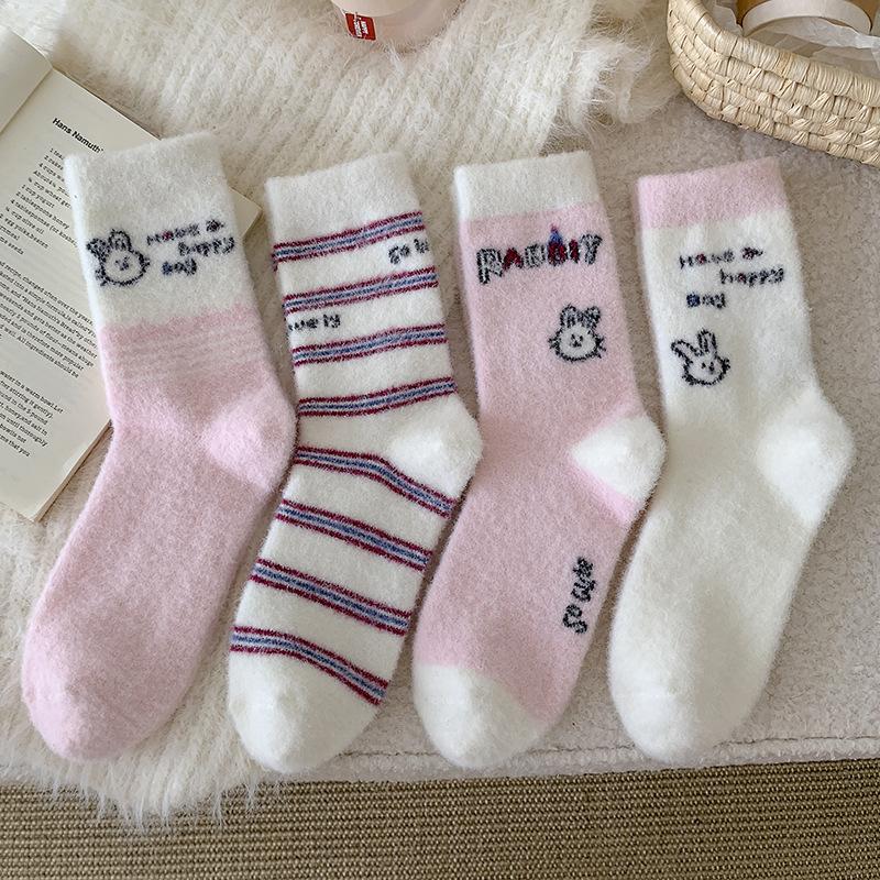 Pink Australian Velvet Socks Season Warm Medium Tube Socks Piled Thickened Home Sleep Socks Cute Cartoon Stockings