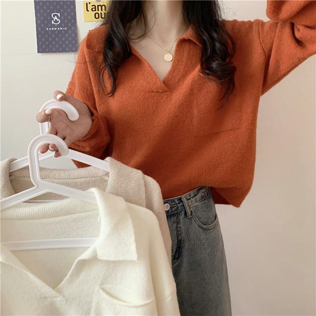 Women's Autumn Korean Style Loose Short Lapel Knit Sweater Long Sleeve Pullover for Students Suitable for Outer Wear or Inner Wear