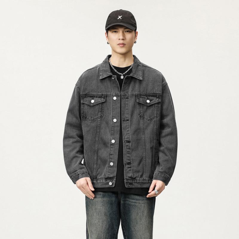 Men s Autumn Heavyweight Washed Denim Jacket - Loose Drop Shoulder Casual Style XL черный серый