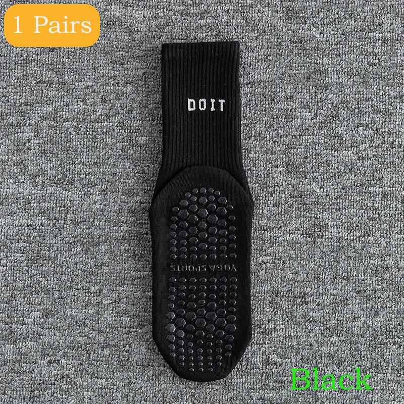 2 Pairs Sports Socks Cotton Mid-calf Yoga Socks Solid Striped Breathable Anti-slip Indoor Fitness Socks Gym Dance Pilates Socks