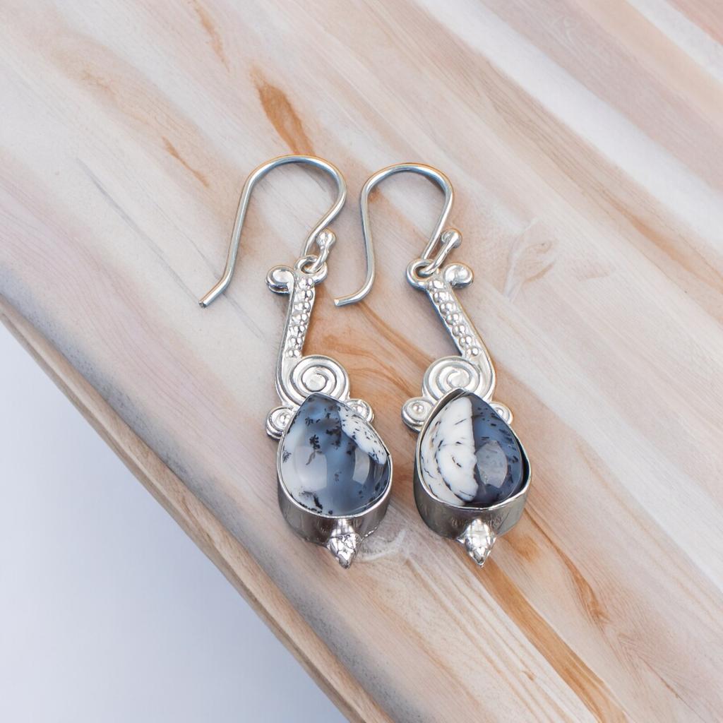 Real Dendritic Opal Gemstone 925 Sterling Silver Stylish Jewelry Earrings 2.10" EE-37-20